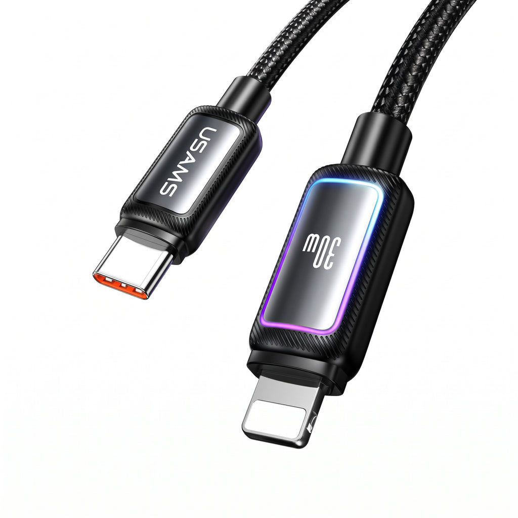 USAMS SJ816 U110 30W Type-C to Lightning Fast Charging Cable with Colorful RGB Ambient Light (1.2m)