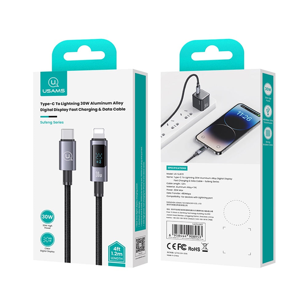 USAMS SJ672 Sufeng Series 30W USB-C to Lightning Fast Charging Digital Display Cable (1.2m)