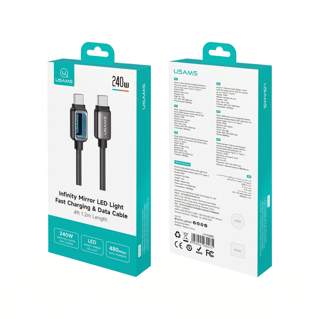 USAMS SJ818 U111 240W Type-C to Type-C Fast Charging Cable with Infinity Mirror LED Light (1.2m)
