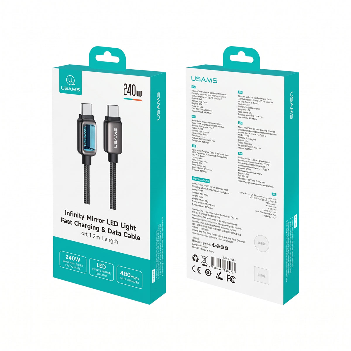 USAMS SJ818 U111 240W Type-C to Type-C Fast Charging Cable with Infinity Mirror LED Light (1.2m)