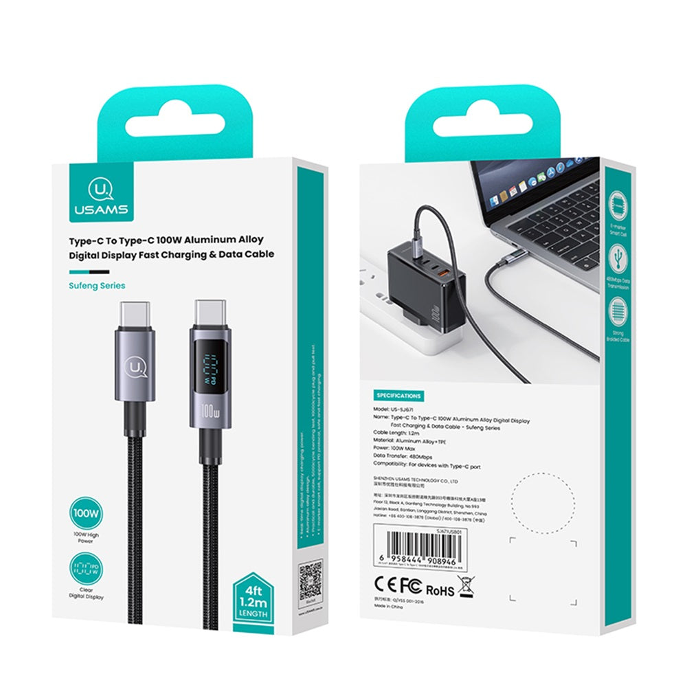 USAMS SJ671 Sufeng Series 100W USB-C to USB-C Fast Charging Digital Display Cable (1.2m)