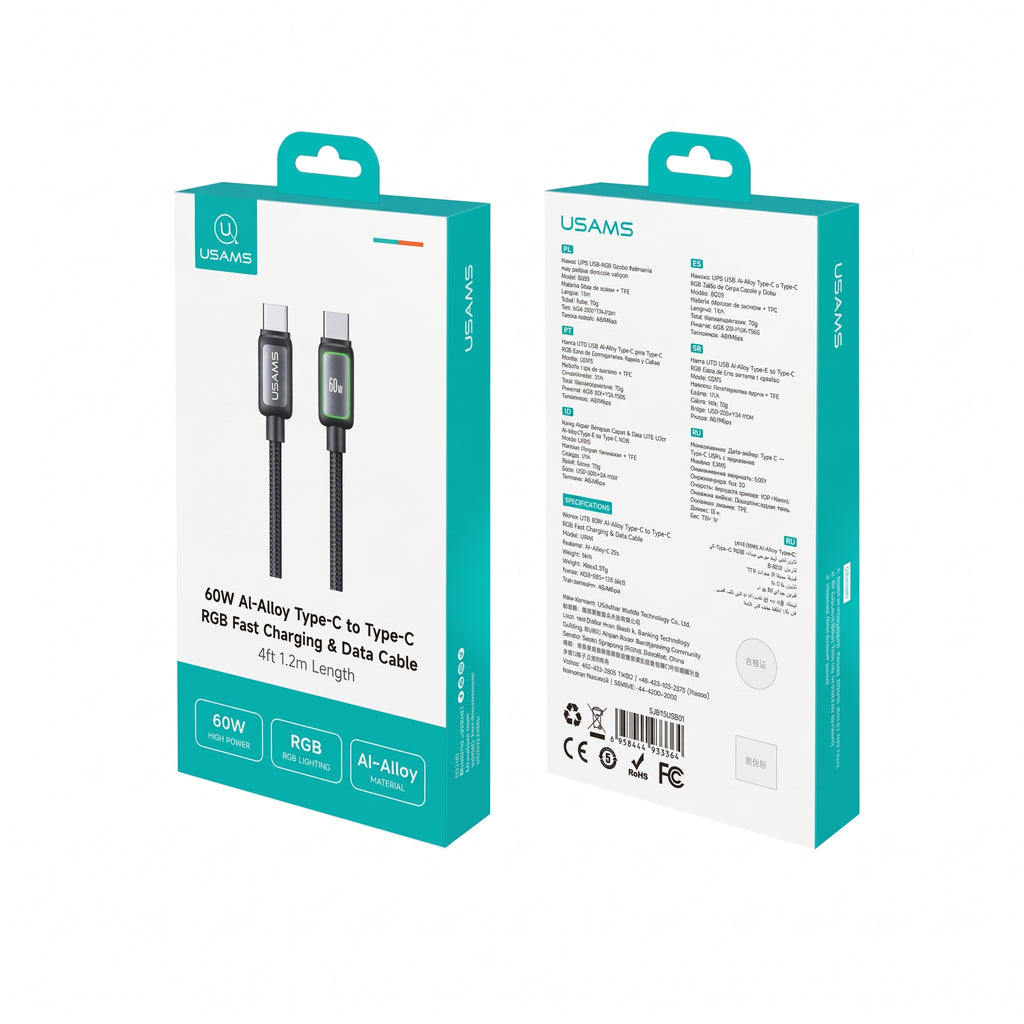USAMS SJ815 U110 60W Type-C to Type-C Fast Charging Cable with Colorful RGB Ambient Light (1.2m)