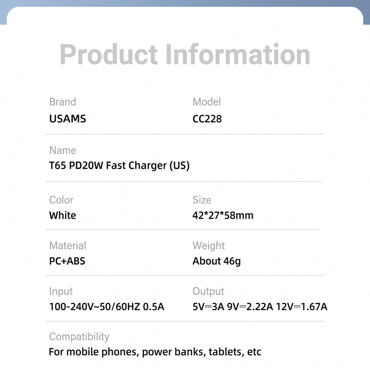 USAMS CC228 T65 20W PD Fast USB-C Wall Charger (US Plug)