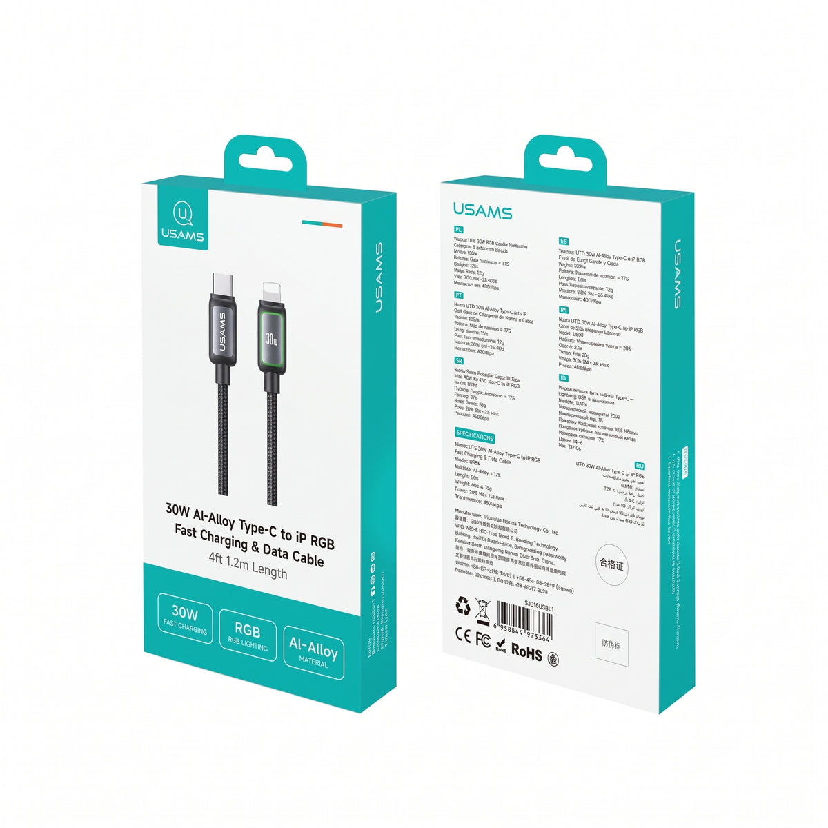 USAMS SJ816 U110 30W Type-C to Lightning Fast Charging Cable with Colorful RGB Ambient Light (1.2m)