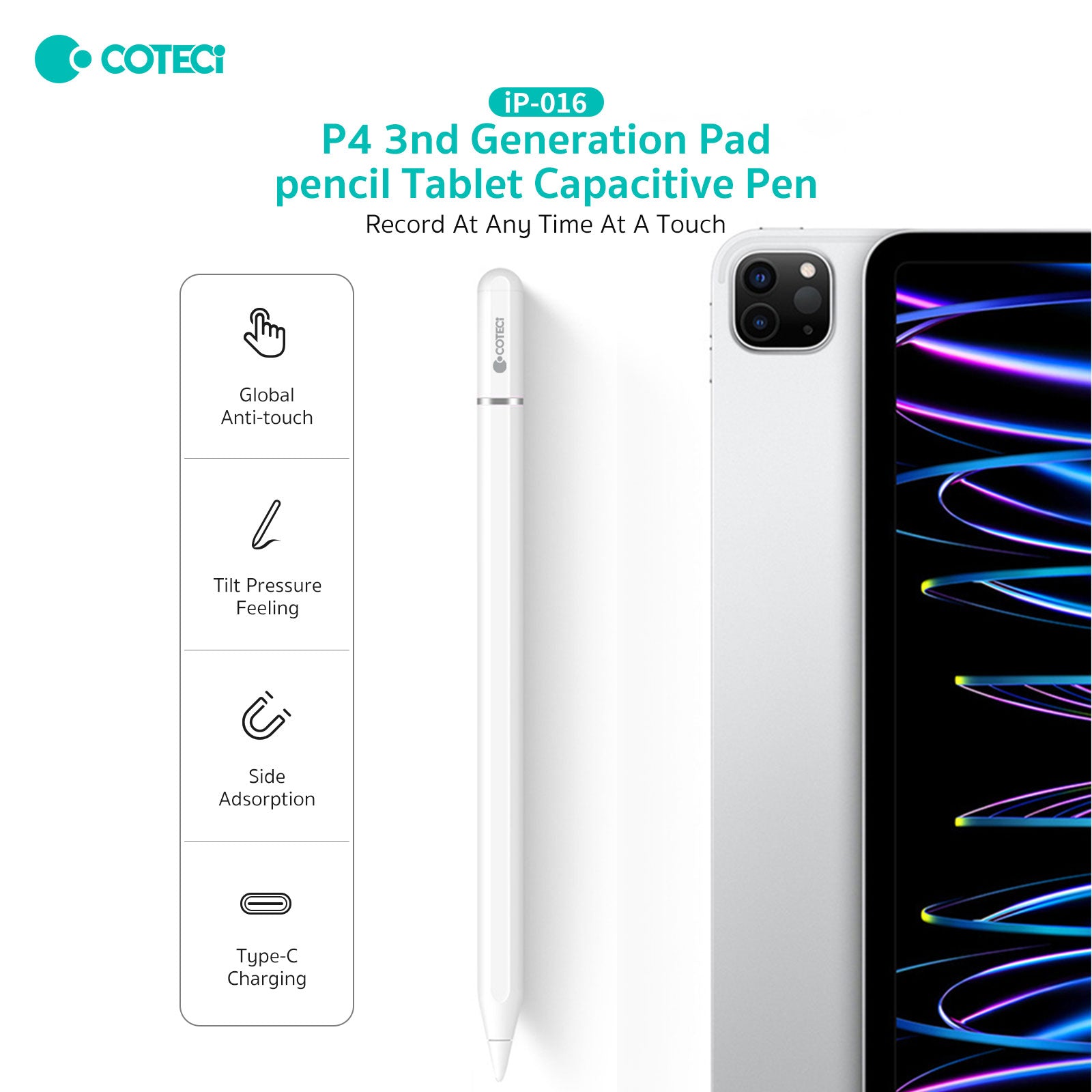 COTECi P4 3rd Gen Active Stylus Pen for iPad | Tilt Sensitivity and Palm Rejection