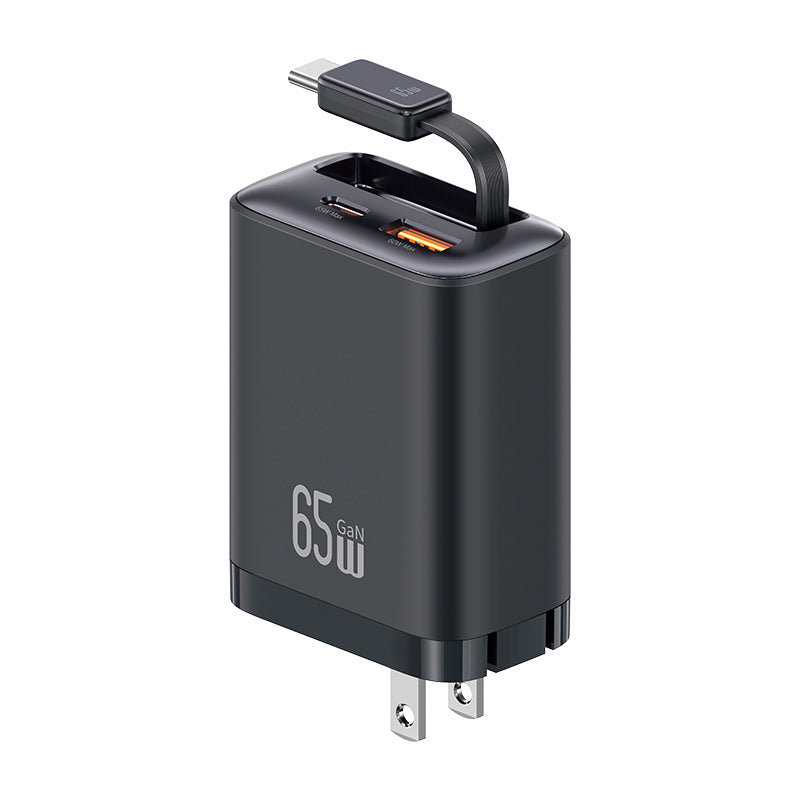 USAMS CC300 65W GaN Fast Charger with Retractable USB-C Cable (3-in-1)