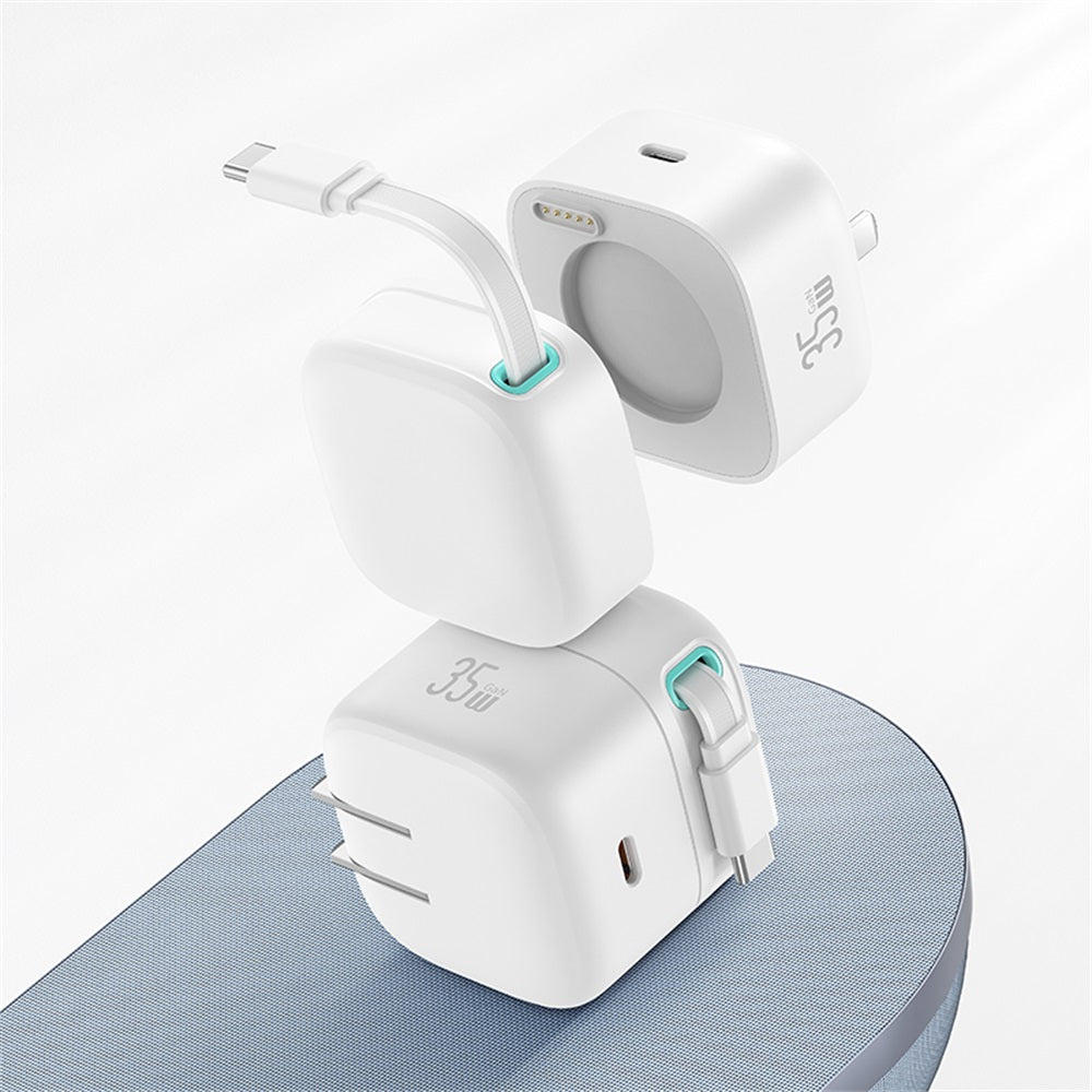 USAMS CC205 XMF Series 35W Dual USB-C GaN Wall Charger with Retractable Magnetic Cable
