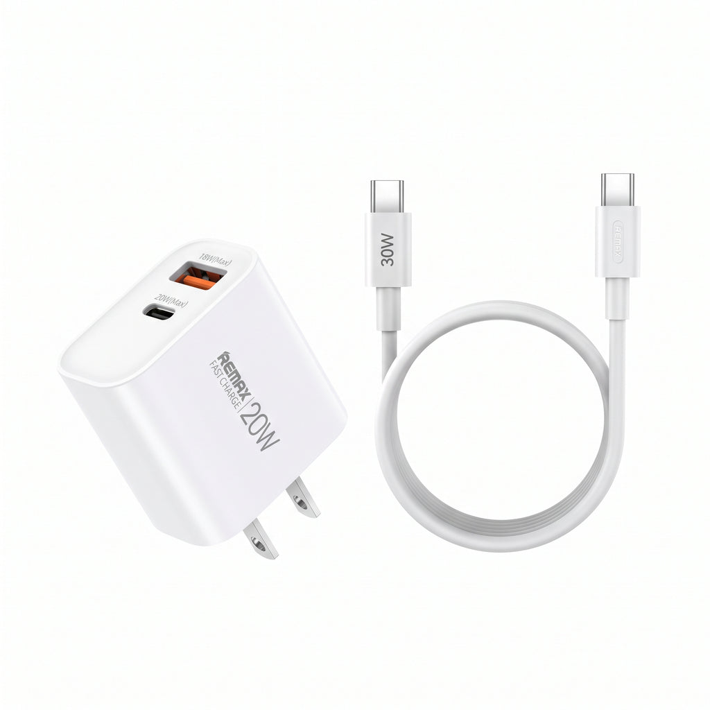 REMAX RP-U120 20W Dual Port Fast Charger Set with 30W Type-C to Type-C Cable (US Plug)