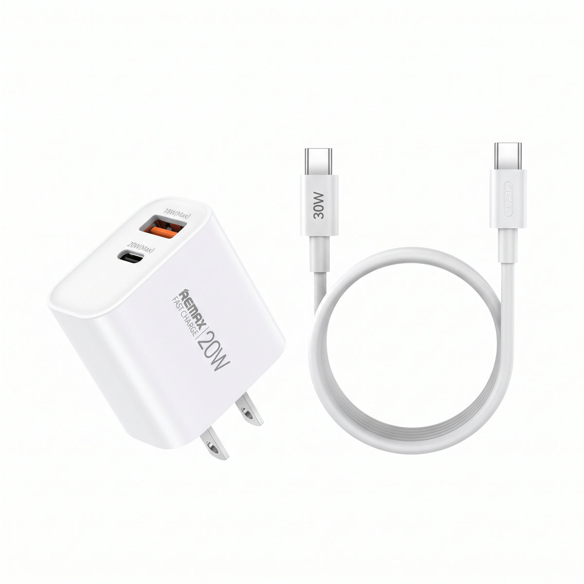 REMAX RP-U120 20W Dual Port Fast Charger Set with 30W Type-C to Type-C Cable (US Plug)