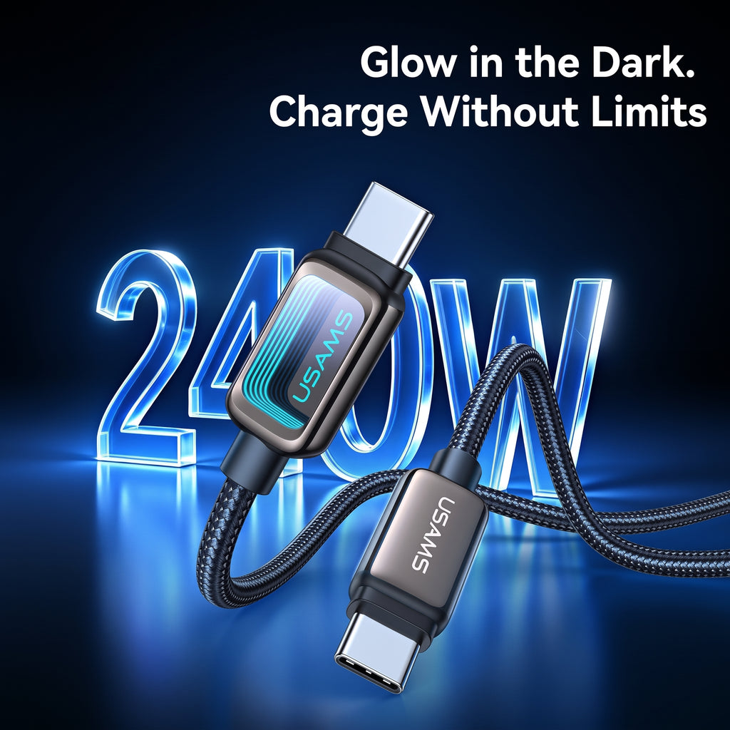 USAMS SJ818 U111 240W Type-C to Type-C Fast Charging Cable with Infinity Mirror LED Light (1.2m)