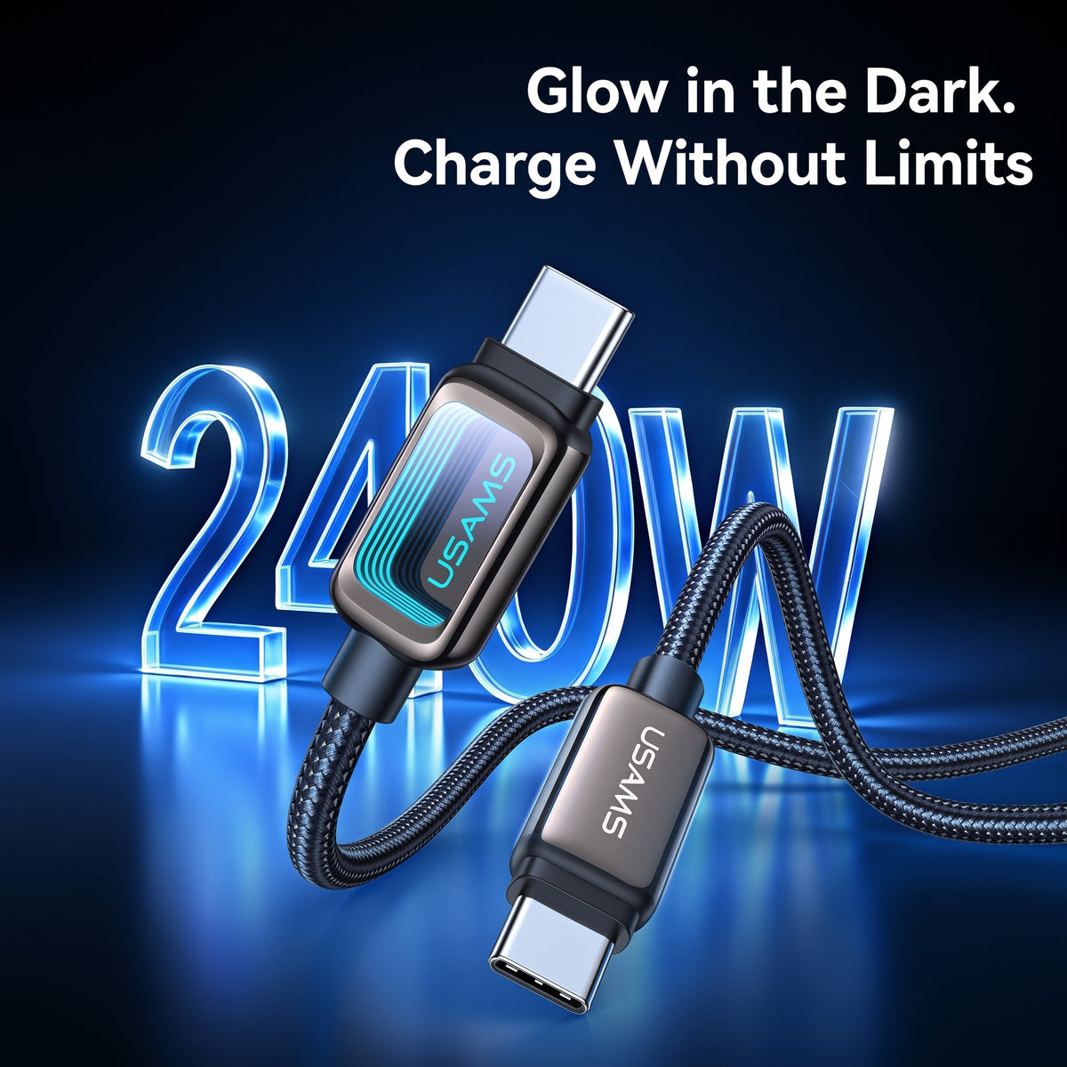USAMS SJ818 U111 240W Type-C to Type-C Fast Charging Cable with Infinity Mirror LED Light (1.2m)