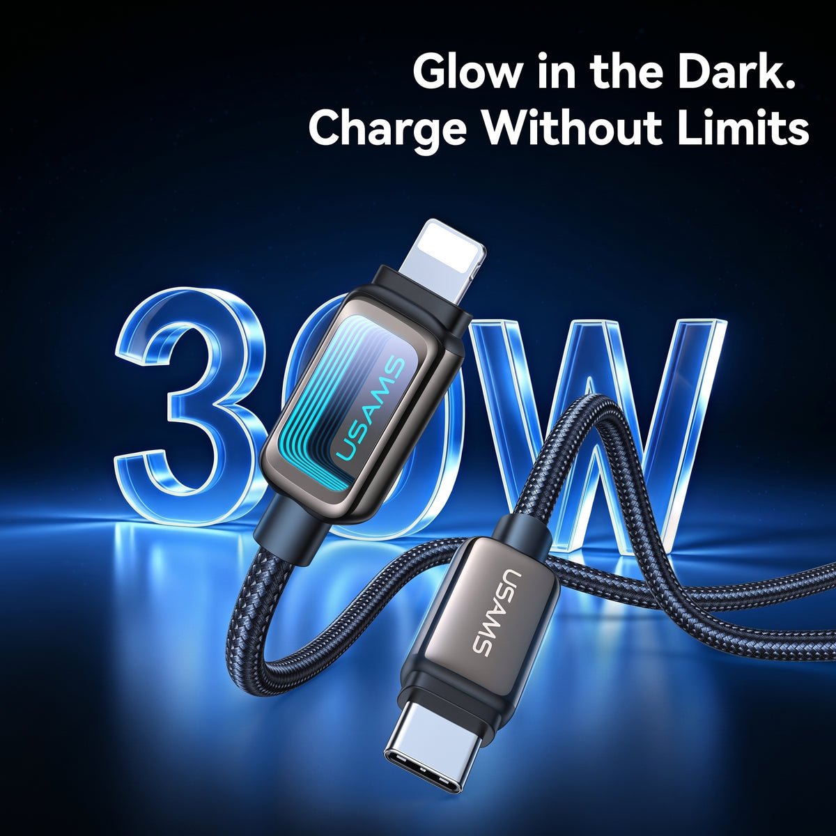 USAMS SJ819 U111 30W Type-C to Lightning Fast Charging Cable with Infinity Mirror LED Light (1.2m)