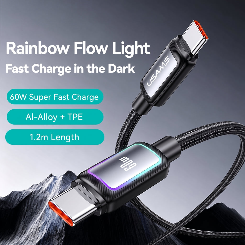USAMS SJ815 U110 60W Type-C to Type-C Fast Charging Cable with Colorful RGB Ambient Light (1.2m)
