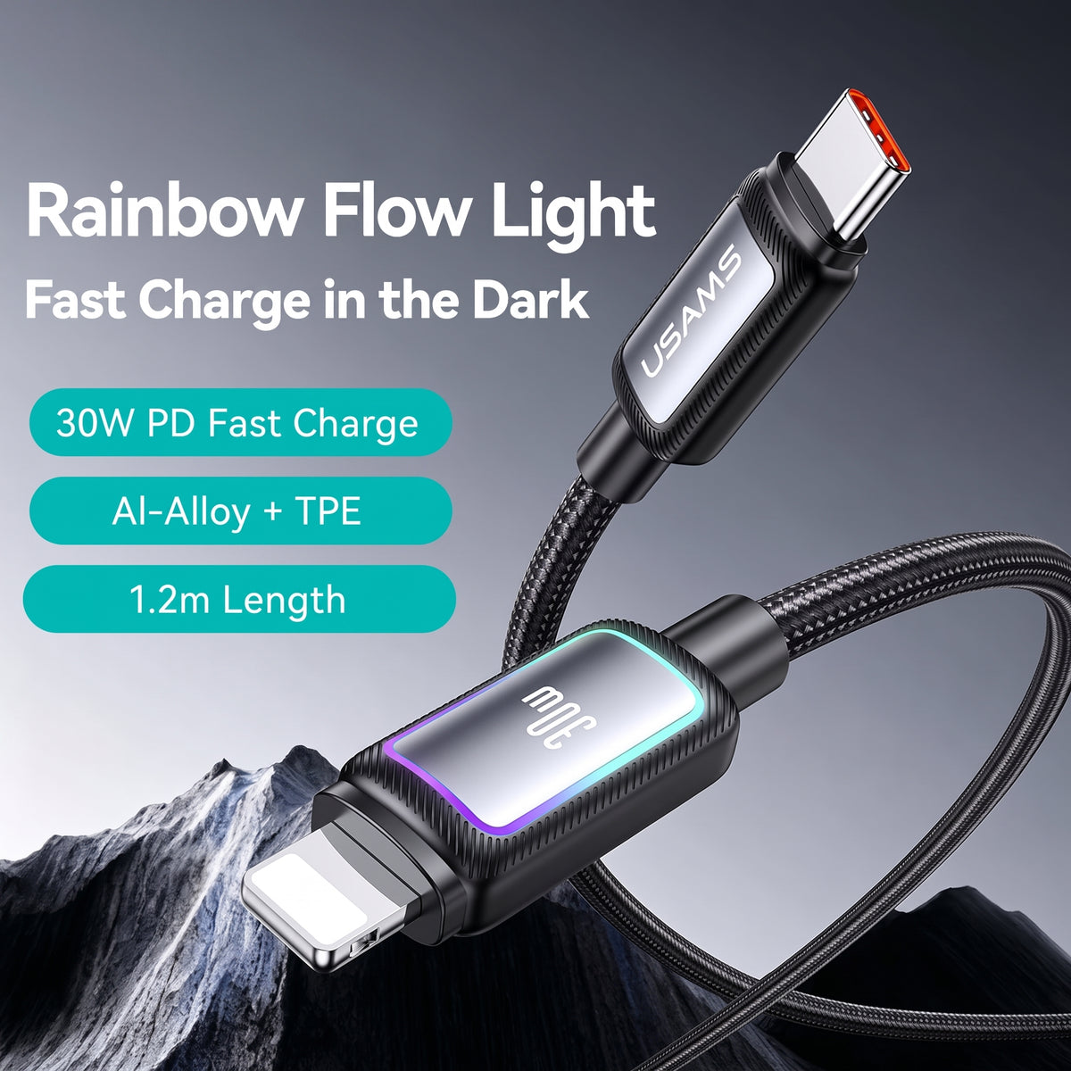 USAMS SJ816 U110 30W Type-C to Lightning Fast Charging Cable with Colorful RGB Ambient Light (1.2m)