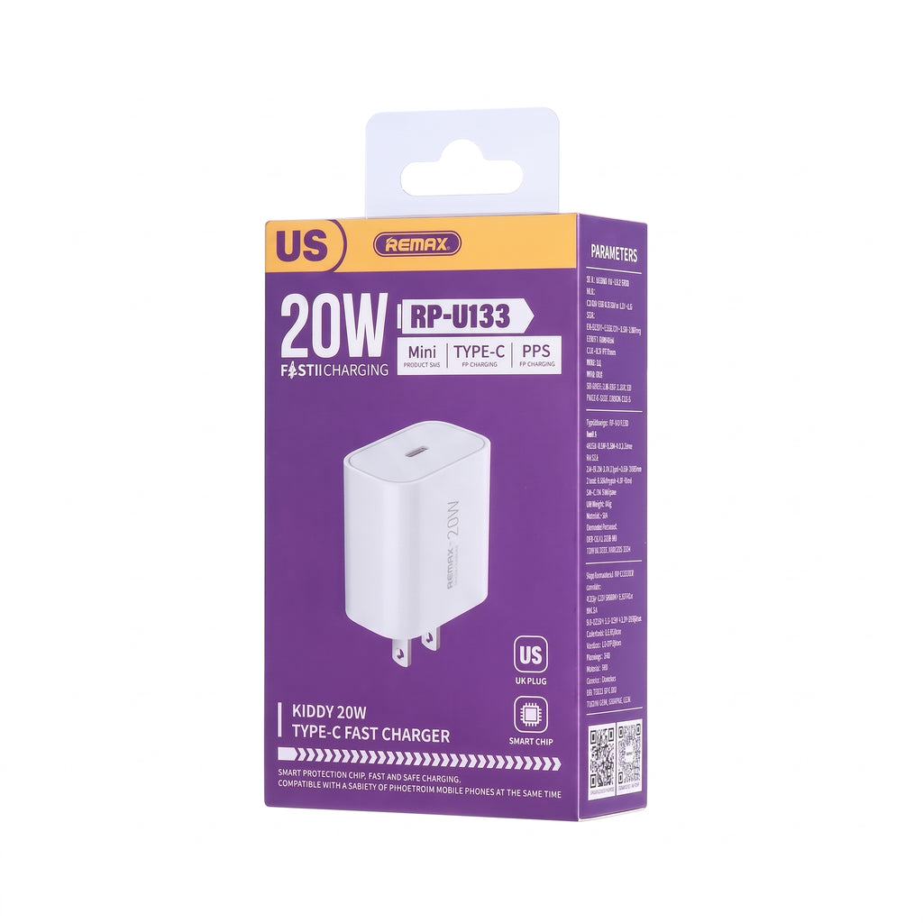 REMAX RP-U133 Kiddy Series 20W Mini USB-C Fast Wall Charger (US Plug)