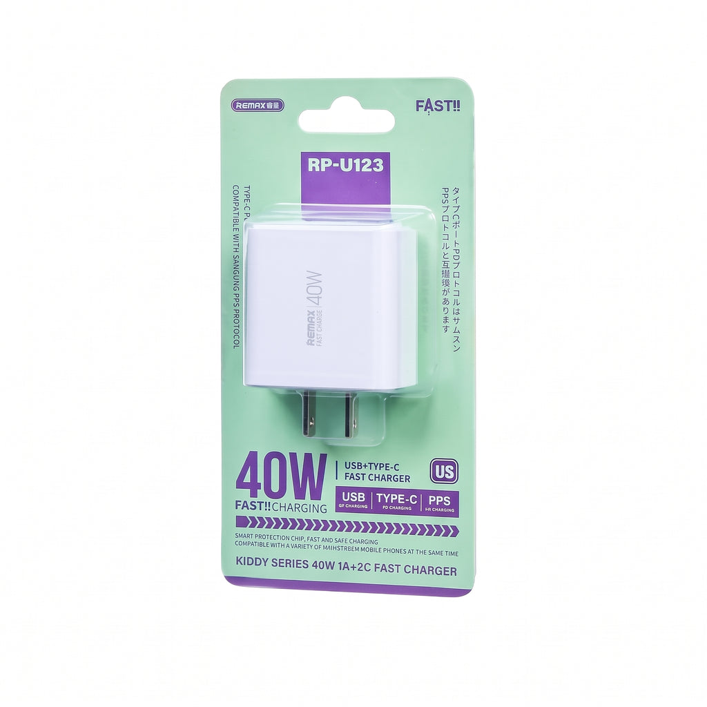 REMAX RP-U123 Kiddy Series 40W Triple Port (2x USB-C + 1x USB-A) Fast Wall Charger (US Plug)
