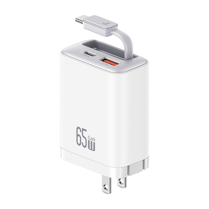 USAMS CC300 65W GaN Fast Charger with Retractable USB-C Cable (3-in-1)