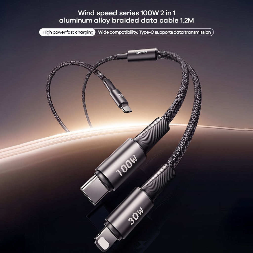 REMAX CB25 100W 2-in-1 Type-C to Type-C & Lightning Braided Fast Charging Cable (1.2m)