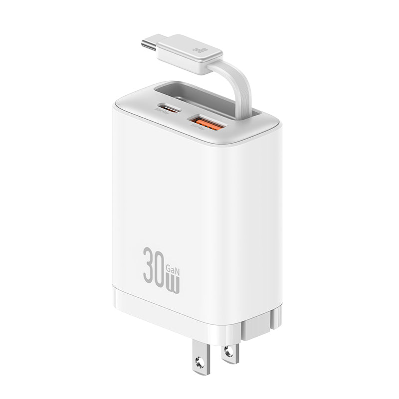 USAMS CC297 Xiang Series 30W GaN Wall Charger with Retractable Type-C Cable