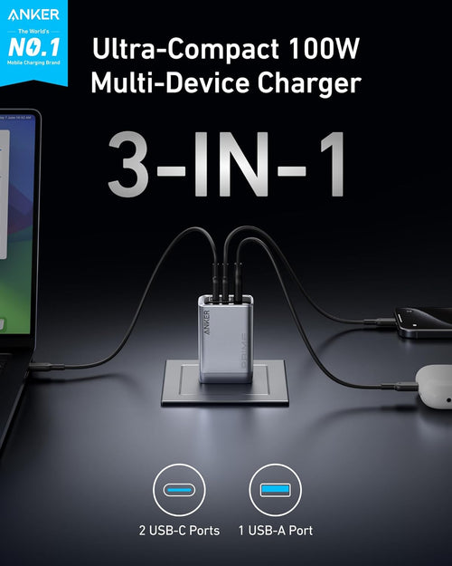 Anker Prime 100W GaN Wall Charger – Ultra-Compact 3-Port Fast Travel Adapter