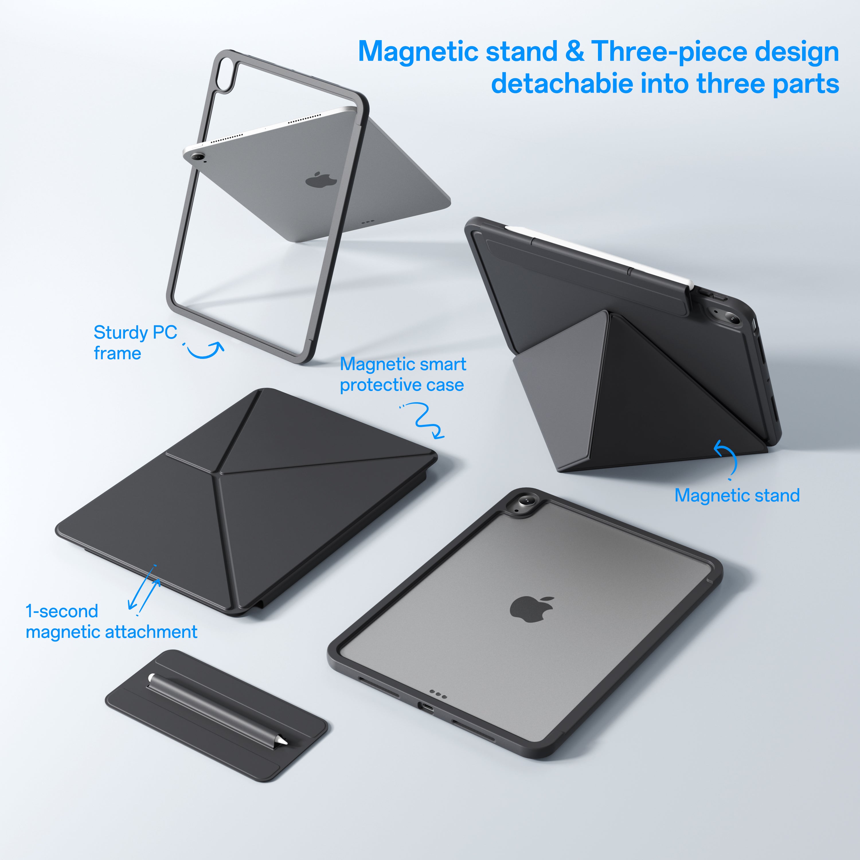3-Piece Detachable Magnetic Case for iPad – Origami Stand Folio