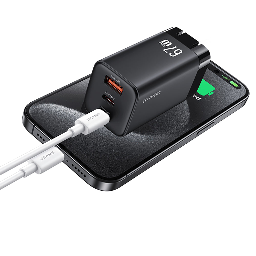 USAMS CC272 67W GaN 3-Port Fast Wall Charger (2x USB-C + USB-A)
