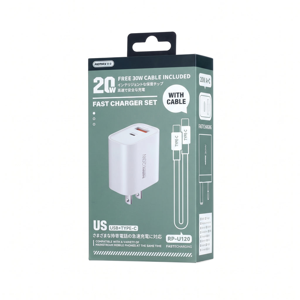 REMAX RP-U120 20W Dual Port Fast Charger Set with 30W Type-C to Type-C Cable (US Plug)