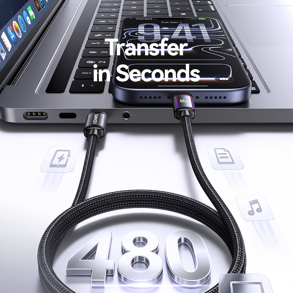 USAMS SJ815 U110 60W Type-C to Type-C Fast Charging Cable with Colorful RGB Ambient Light (1.2m)