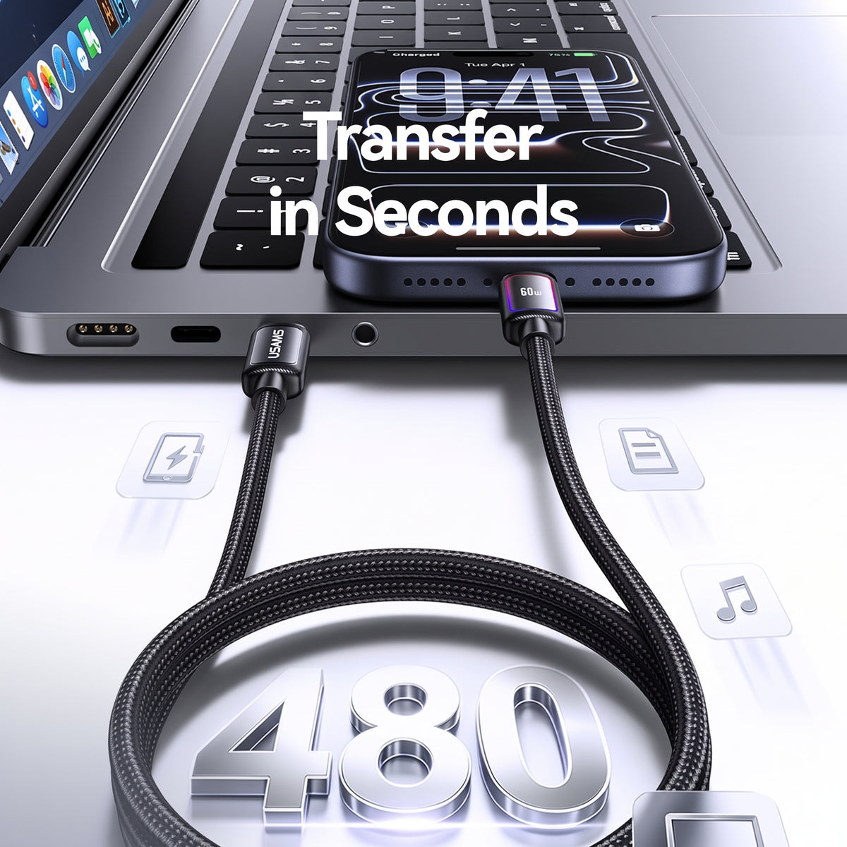 USAMS SJ815 U110 60W Type-C to Type-C Fast Charging Cable with Colorful RGB Ambient Light (1.2m)