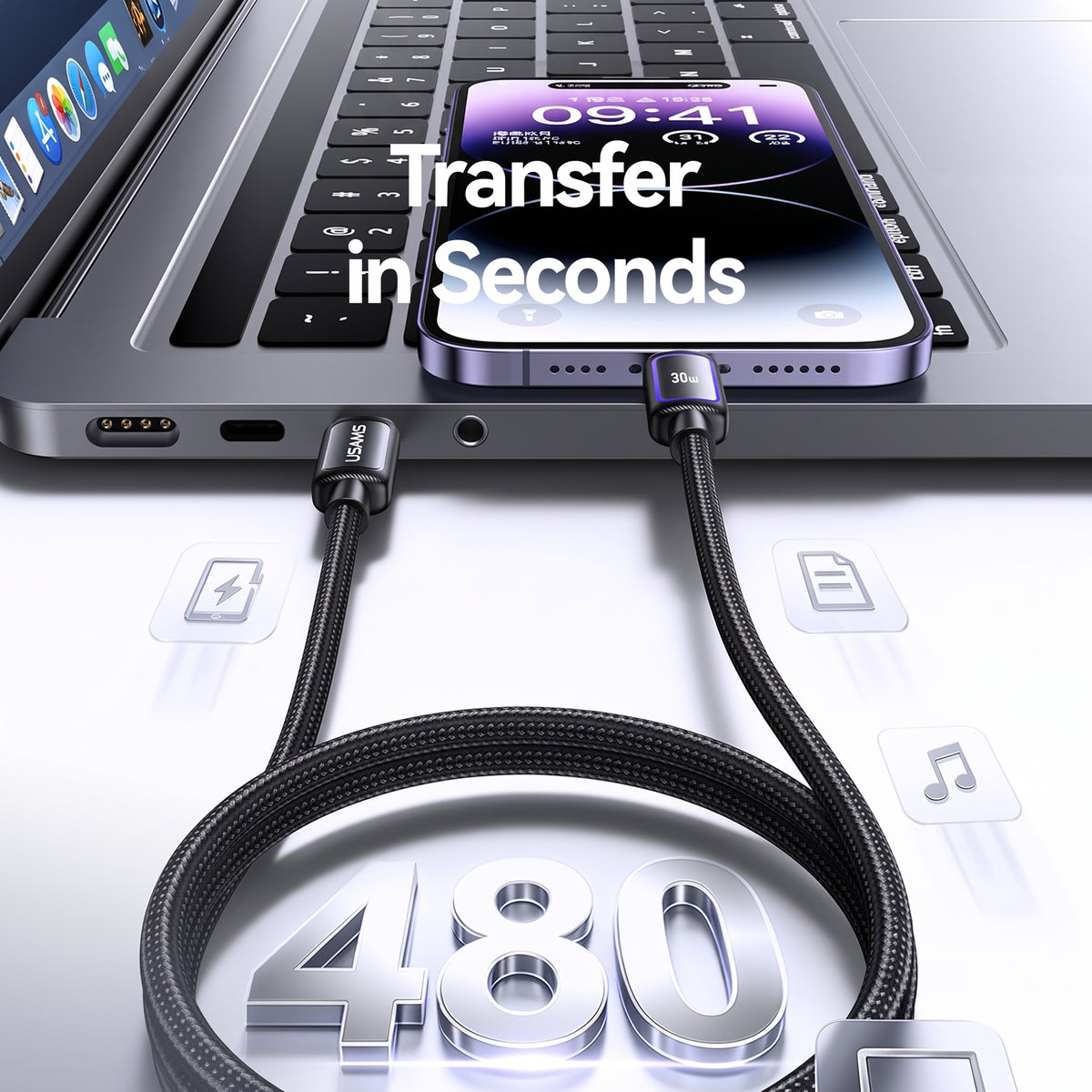 USAMS SJ816 U110 30W Type-C to Lightning Fast Charging Cable with Colorful RGB Ambient Light (1.2m)