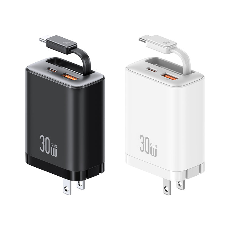 USAMS CC297 30W GaN Fast Wall Charger with Retractable Type-C Cable (3-in-1 Adapter)