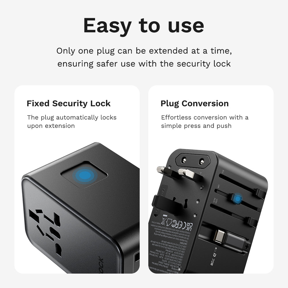ROCK Go Travel 70W GaN Universal Travel Adapter – All-in-One International Charger