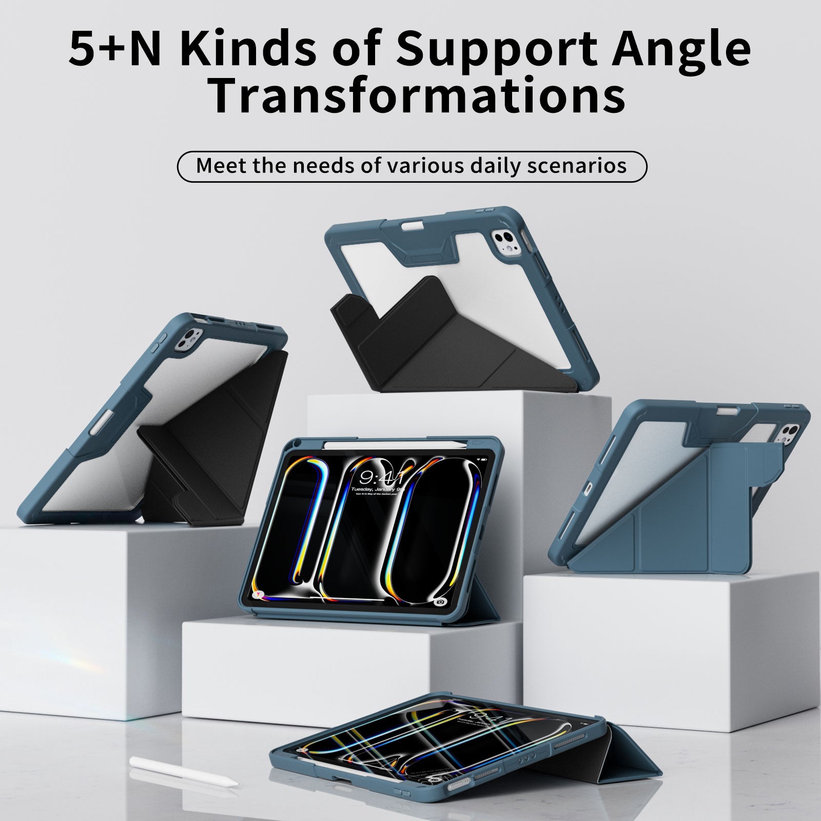 Shockproof Y-Fold iPad Cover with Pencil Slot and Crystal Clear Backplate