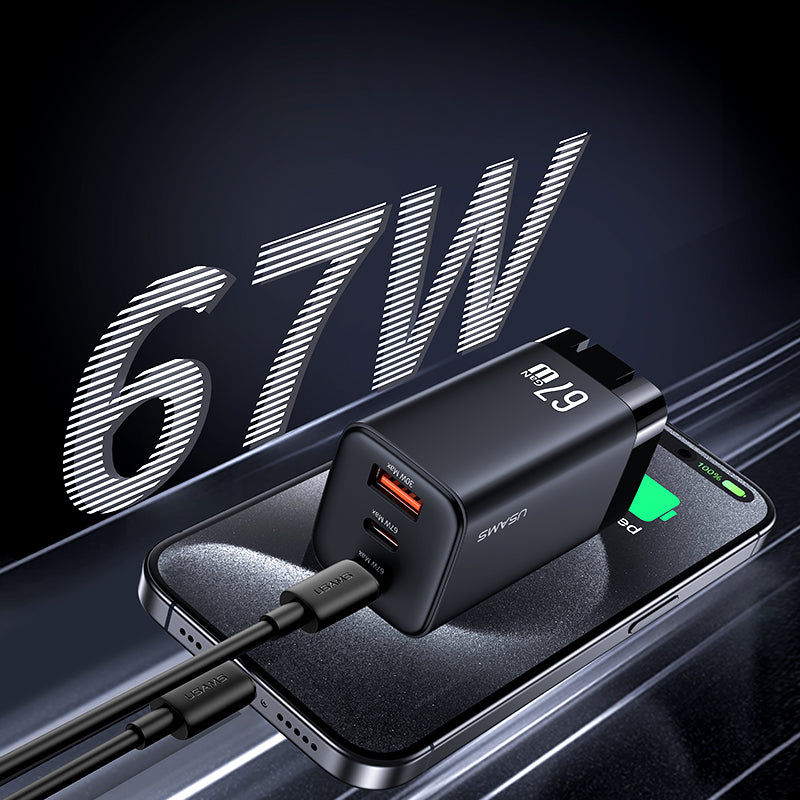 USAMS CC272 67W GaN 3-Port Fast Wall Charger (2x USB-C + USB-A)