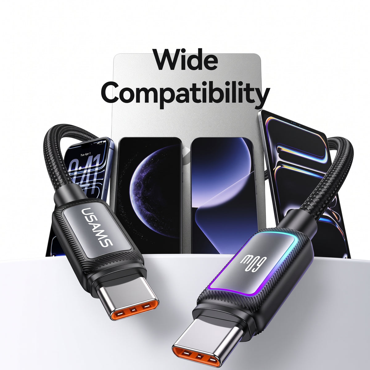 USAMS SJ815 U110 60W Type-C to Type-C Fast Charging Cable with Colorful RGB Ambient Light (1.2m)