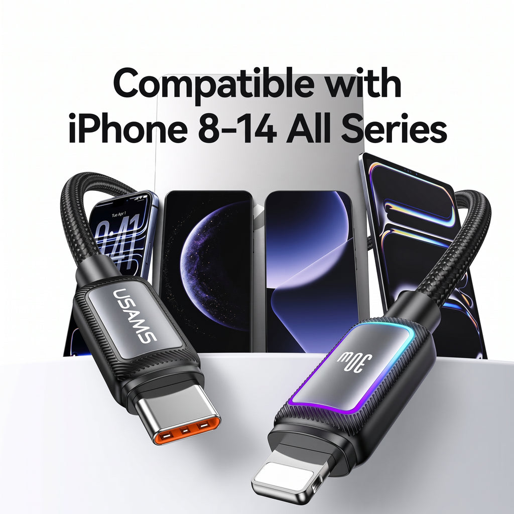 USAMS SJ816 U110 30W Type-C to Lightning Fast Charging Cable with Colorful RGB Ambient Light (1.2m)