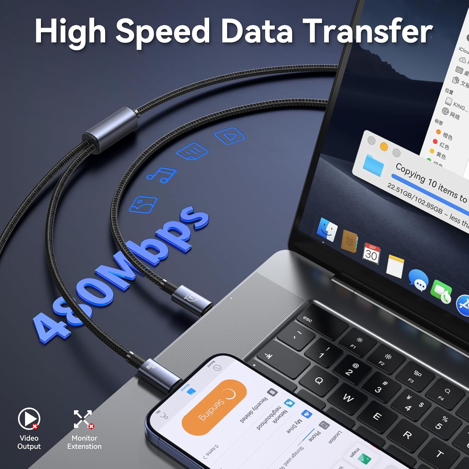 USAMS 72W 2-in-1 Aluminum Alloy Fast Charging Data Cable (Type-C to Dual Type-C)