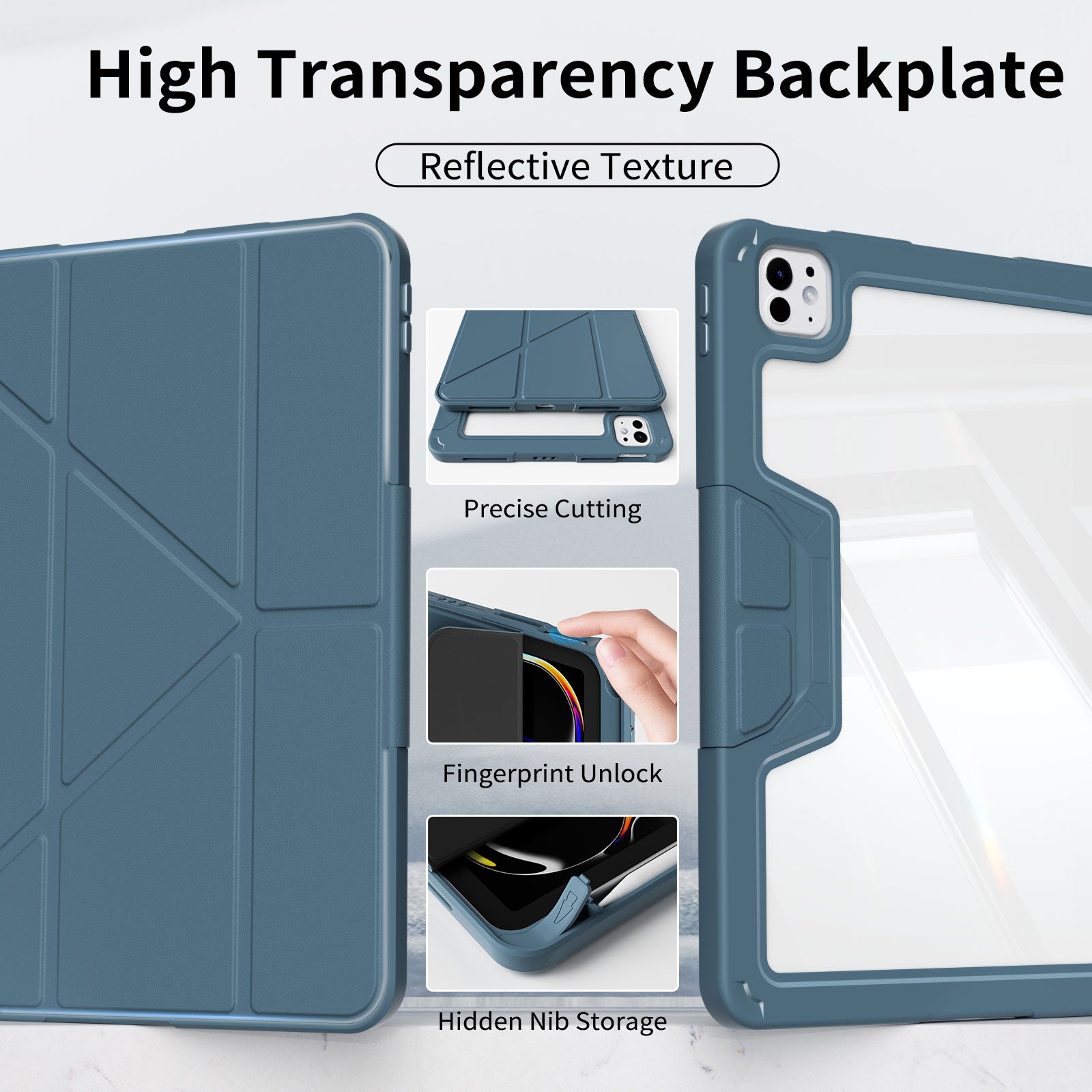 Shockproof Y-Fold iPad Cover with Pencil Slot and Crystal Clear Backplate