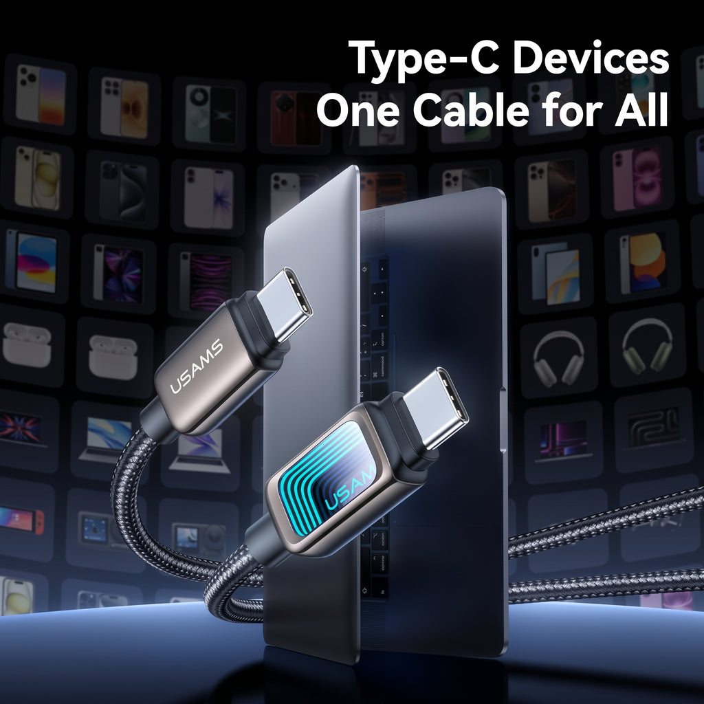 USAMS SJ818 U111 240W Type-C to Type-C Fast Charging Cable with Infinity Mirror LED Light (1.2m)