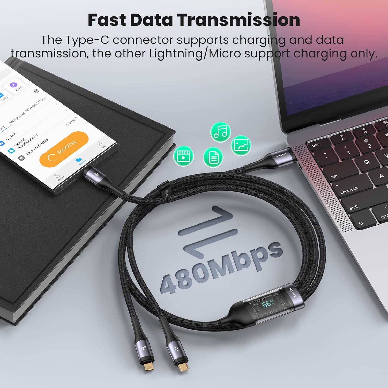 USAMS U83 66W 3-in-1 Transparent Digital Display Fast Charging Cable