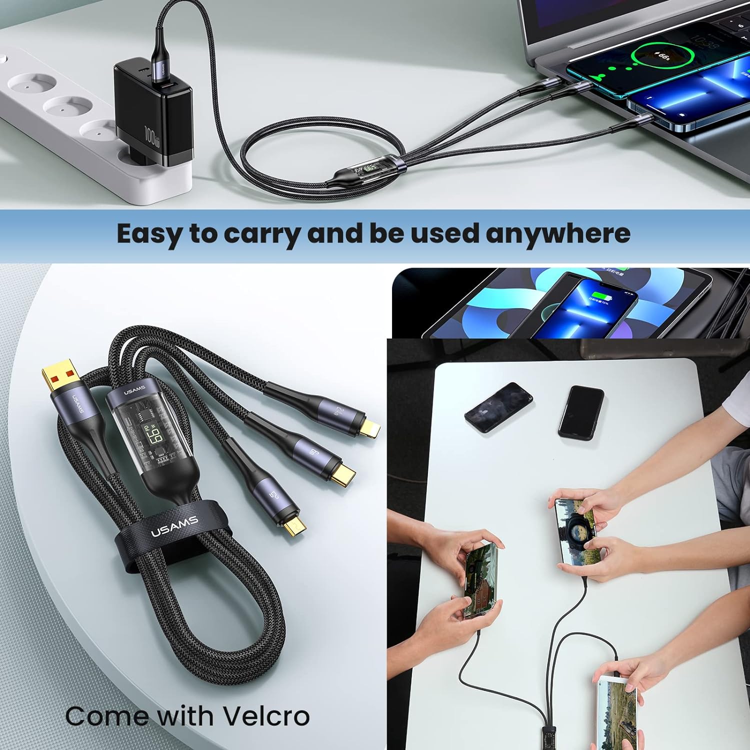 USAMS U83 66W 3-in-1 Transparent Digital Display Fast Charging Cable