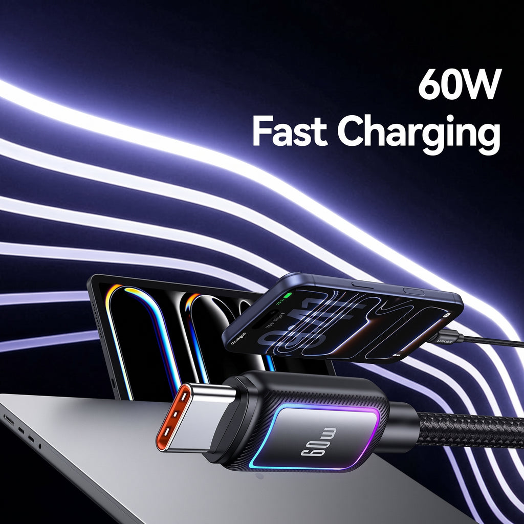 USAMS SJ815 U110 60W Type-C to Type-C Fast Charging Cable with Colorful RGB Ambient Light (1.2m)
