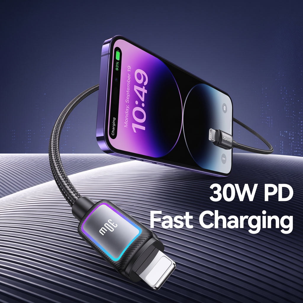 USAMS SJ816 U110 30W Type-C to Lightning Fast Charging Cable with Colorful RGB Ambient Light (1.2m)