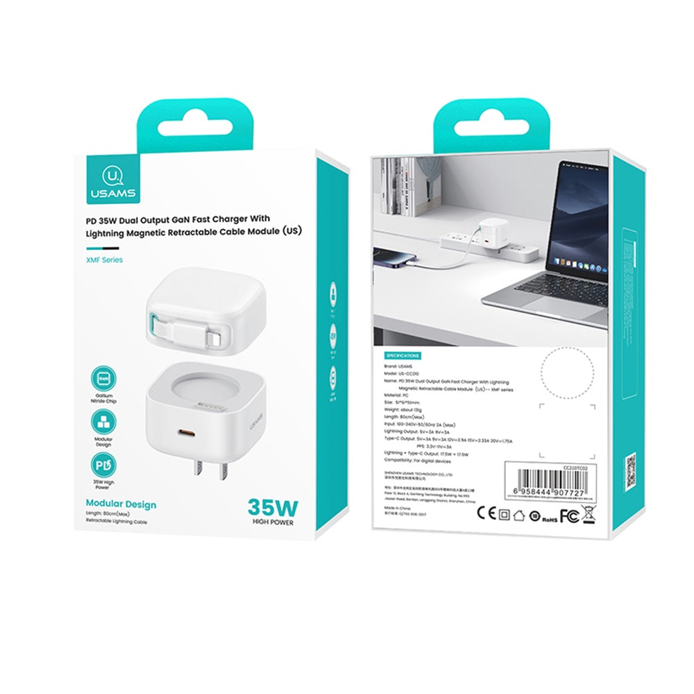 USAMS CC210 SMF Series 35W GaN Wall Charger with Retractable Lightning Cable