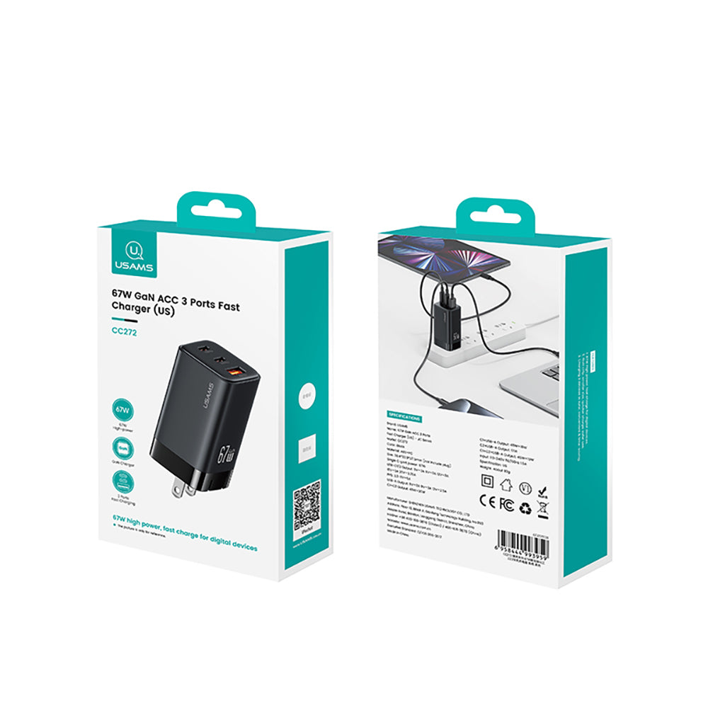 USAMS CC272 67W GaN 3-Port Fast Wall Charger (2x USB-C + USB-A)