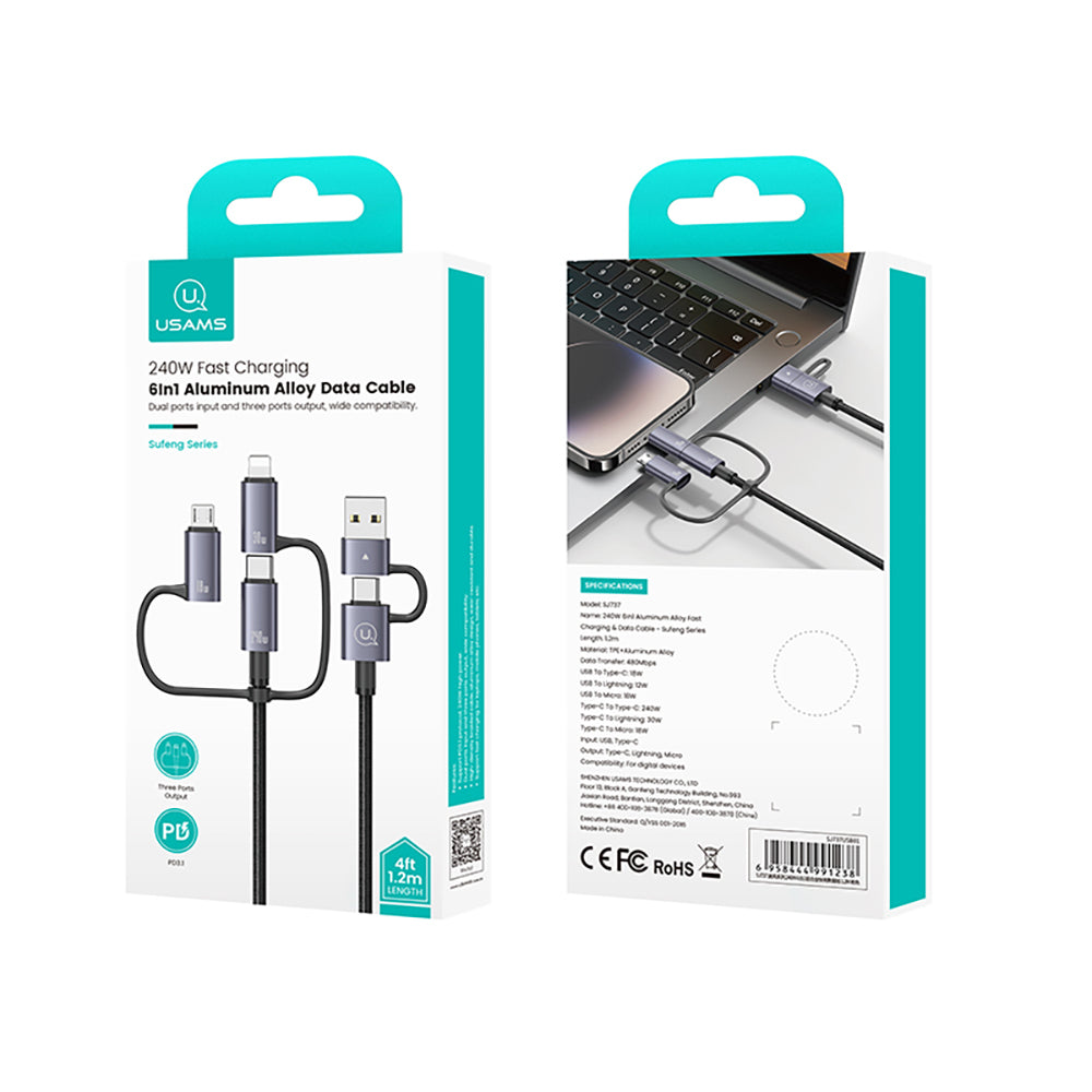 USAMS SJ737 Sufeng Series 240W 6-in-1 Aluminum Alloy Fast Charging Cable (1.2m)