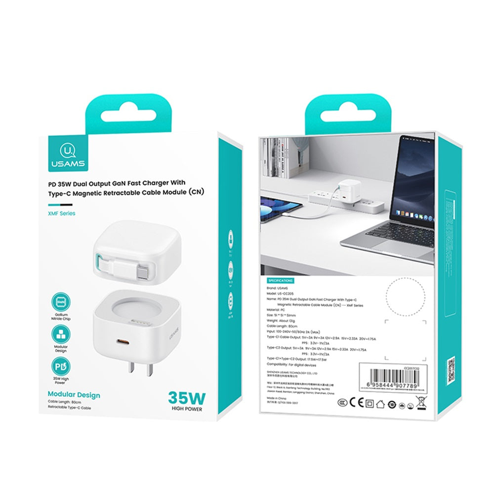 USAMS CC205 XMF Series 35W Dual USB-C GaN Wall Charger with Retractable Magnetic Cable