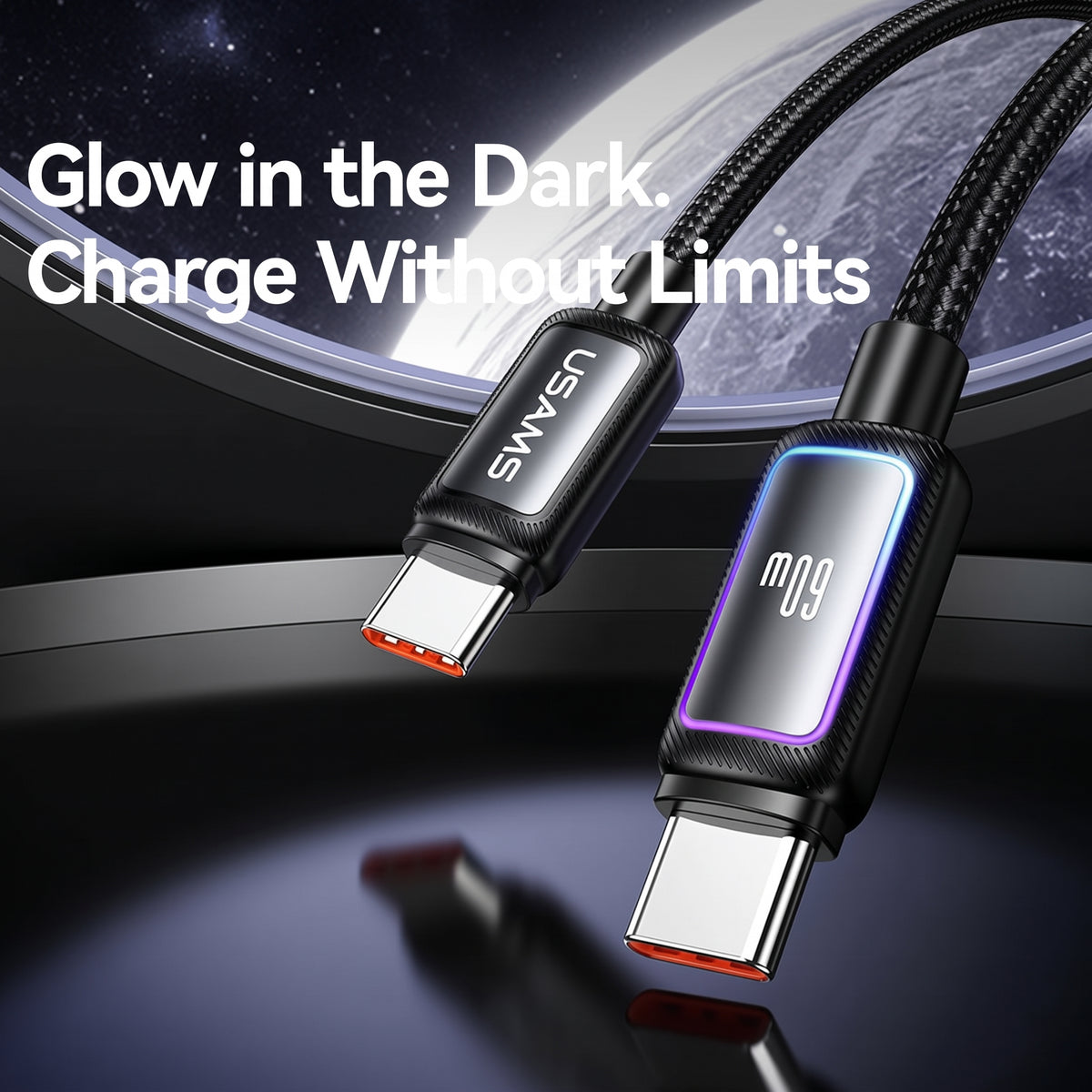 USAMS SJ815 U110 60W Type-C to Type-C Fast Charging Cable with Colorful RGB Ambient Light (1.2m)