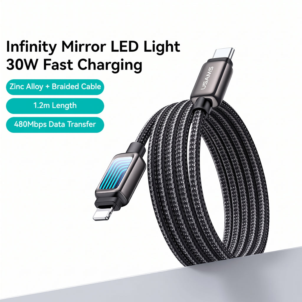 USAMS SJ819 U111 30W Type-C to Lightning Fast Charging Cable with Infinity Mirror LED Light (1.2m)