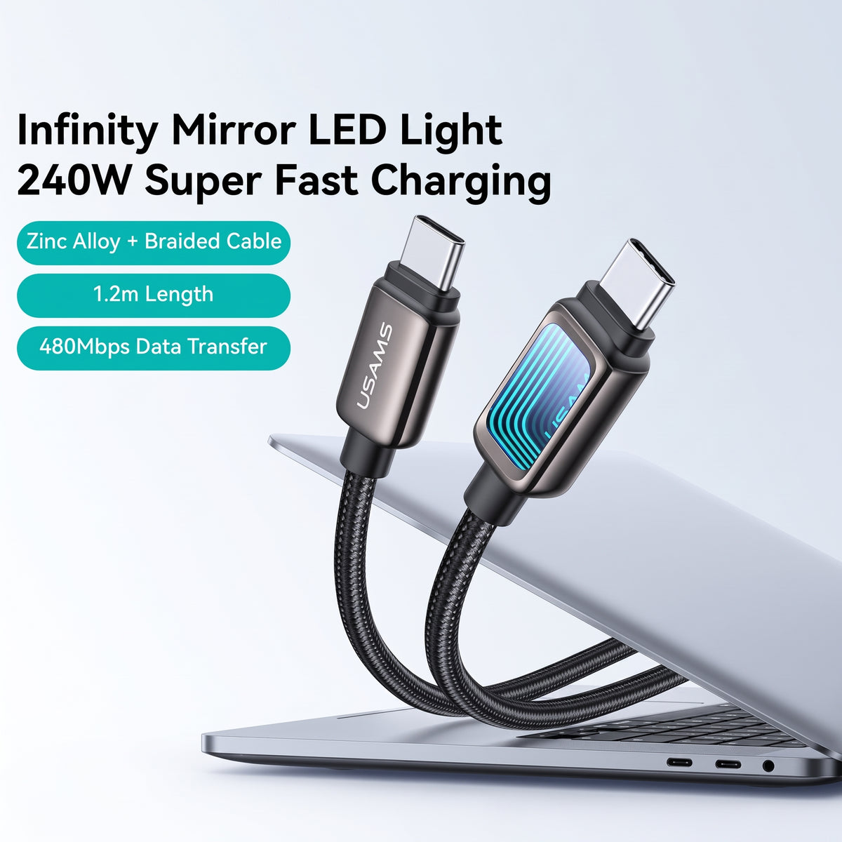 USAMS SJ818 U111 240W Type-C to Type-C Fast Charging Cable with Infinity Mirror LED Light (1.2m)